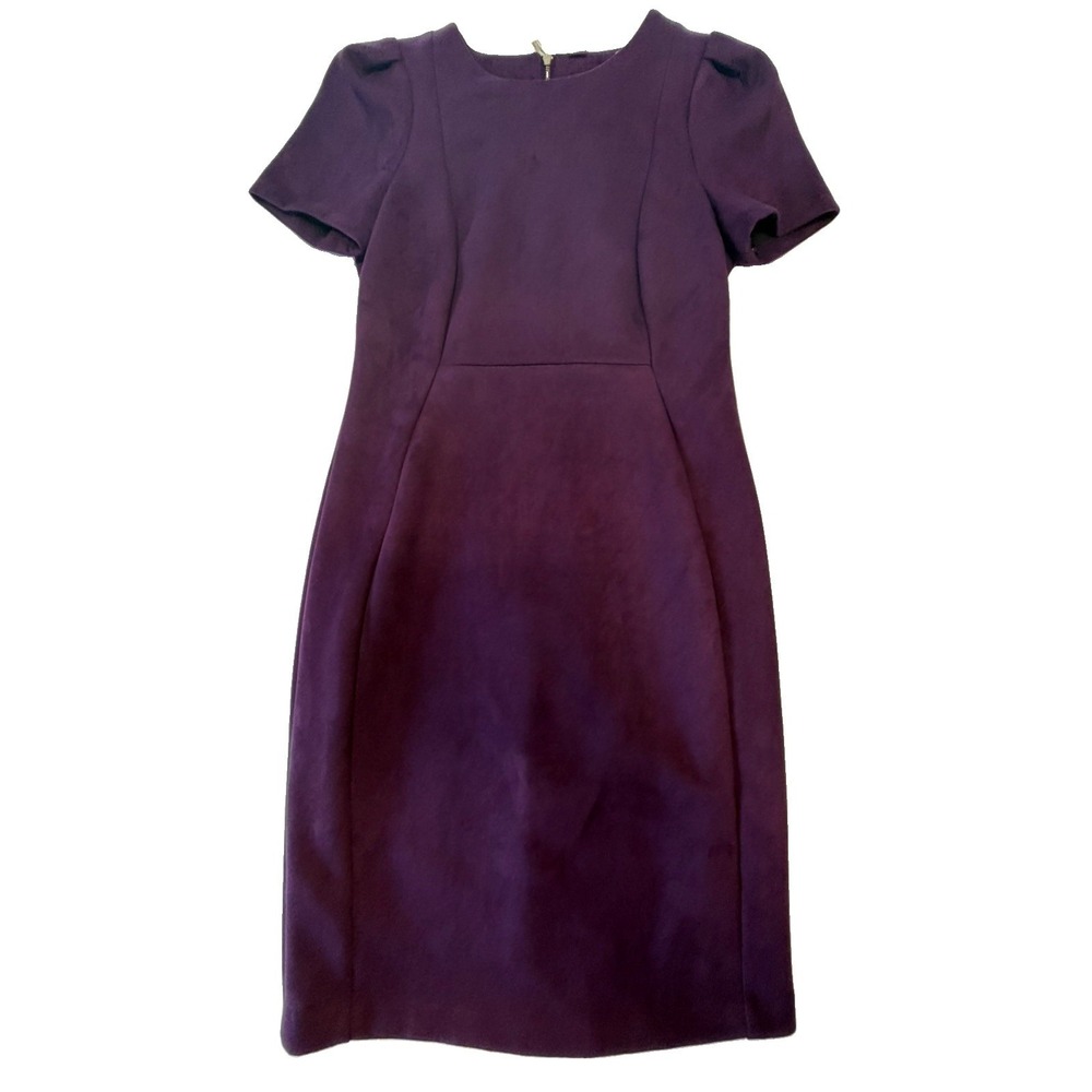 Calvin Klein Women's Purple Sheath Dress Gold Back Zip Size 10 Short Sleeve Midi